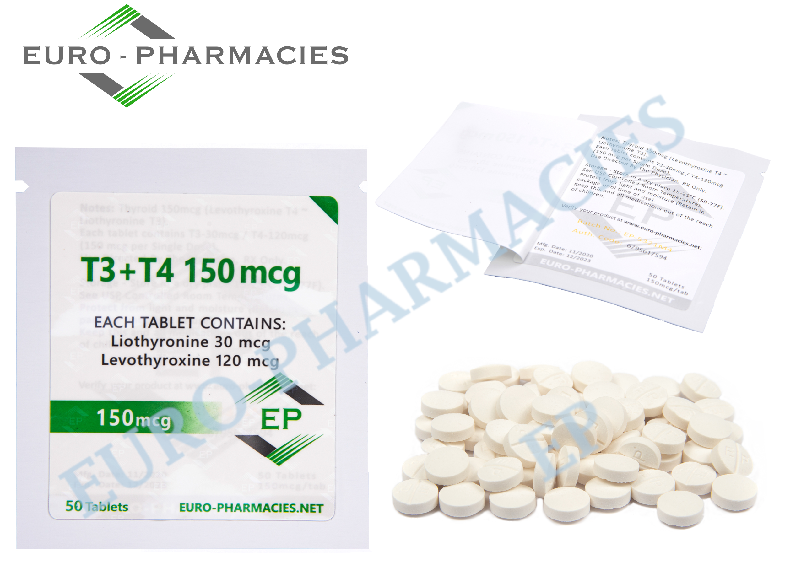 Euro Pharmacies T3+T4 -150mcg/tab -50 tab/bag